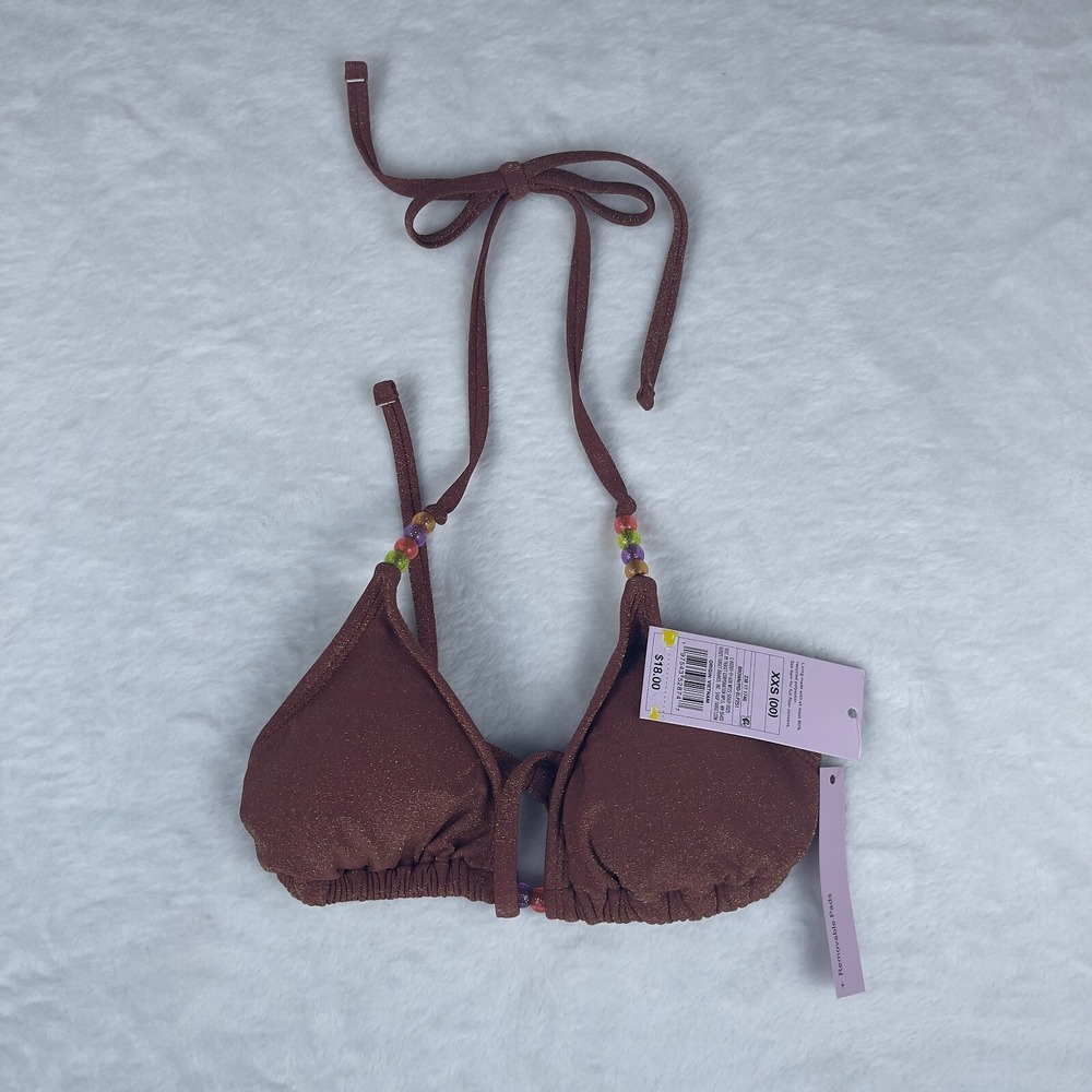 Wild Fable Triangle Bikini Top Womens 2XS Brown Metallic Pique Beaded Straps